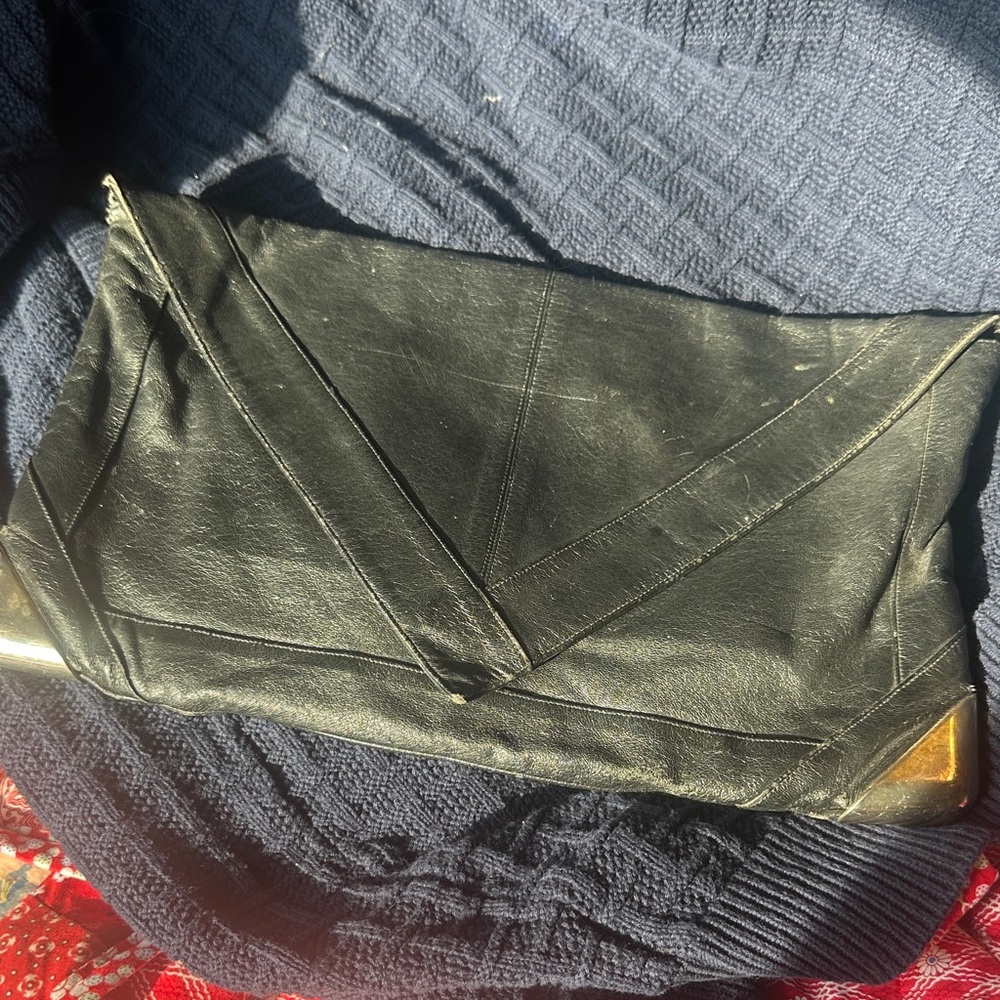 Oversized Black Leather Clutch with Gold Accents made in Italy